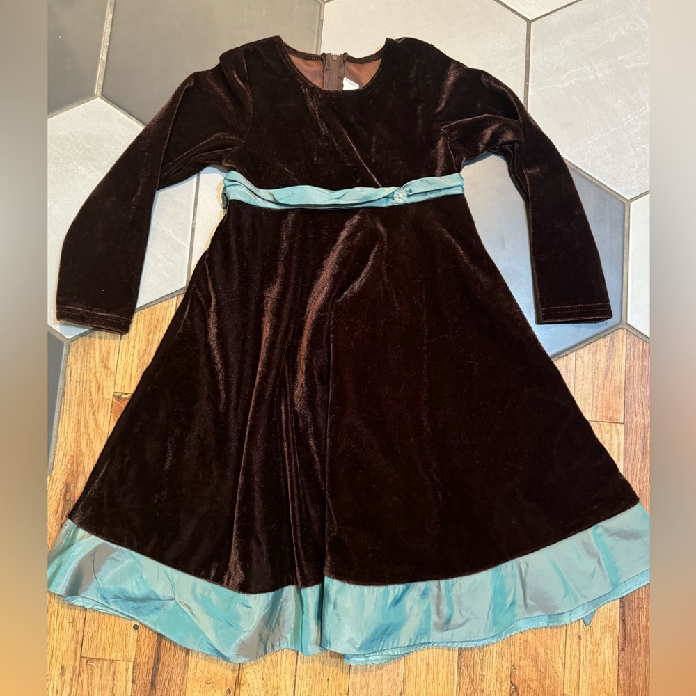 Sophia Rose Velvet Girls Longsleeve Dress 6 Holiday Elegant Brown Teal EUC